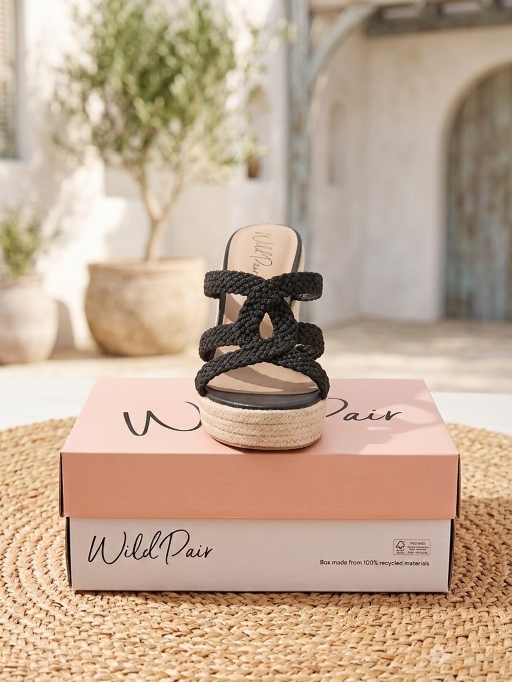 Wild Pair Black Braided Espadrille Platform Slide